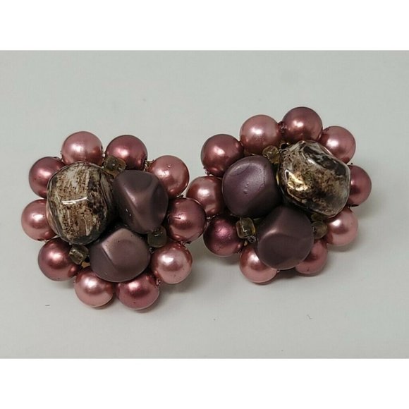 Vintage Clip On Japan Burgandy Brown Faux Pearl Bead Round Earring Set Gold Tone - Picture 10 of 12